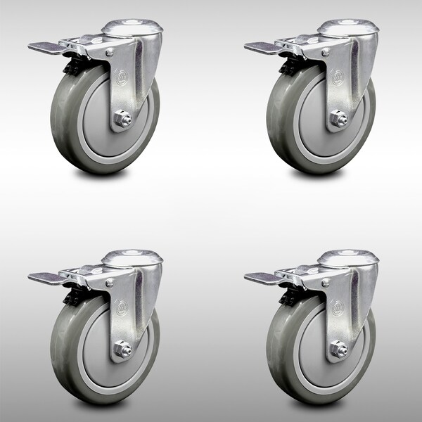 5 Inch SS Gray Polyurethane Swivel Bolt Hole Caster Set with Total Lock Brake